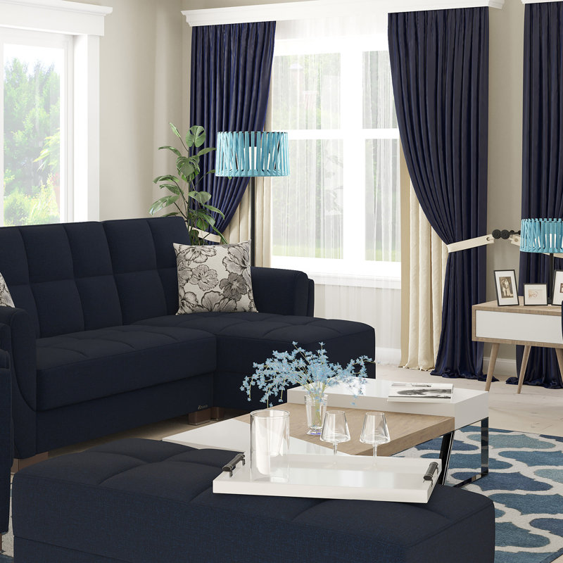 Clemmer Fabric Upholstered Ottoman with Storage, Dark Blue Polyester