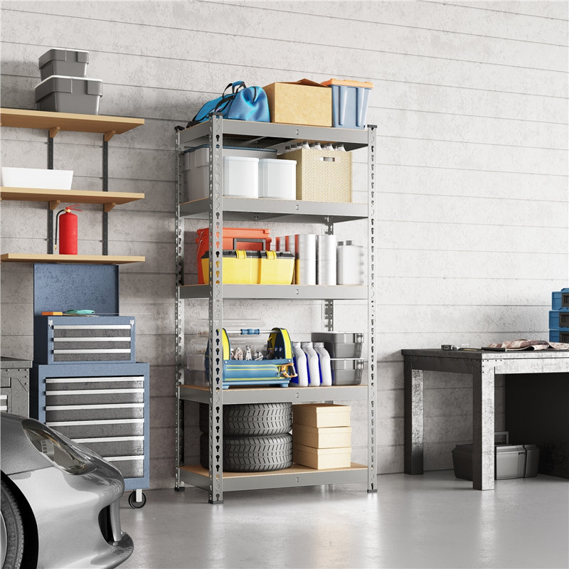 Tevis 60" H x 27.5" W x 12" D 5 Tiers Boltless Adjustable Storage Shelf Goods Rack, Light Gray