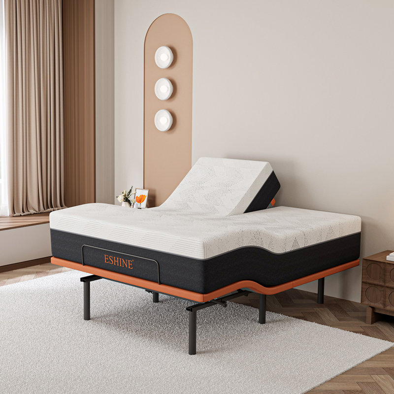 Split Top Queen Adjustable Bed Frame With 14'' Medium Plush Memory Foam Mattress, USB & Type C Ports, Massaging, Wireless Remote, E3000 Sunset Orange