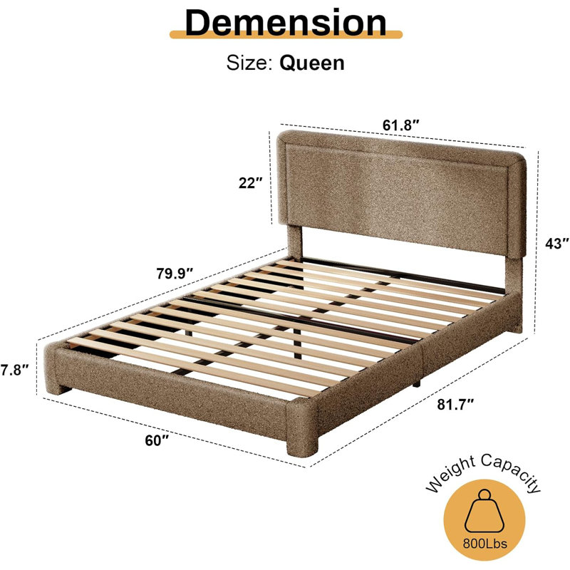 Boucle Bed Frame, Upholstered Cloud Bed Frame, Platform Bed Frame With Headboard, Modern Cream Bed Frame, Queen, Beige