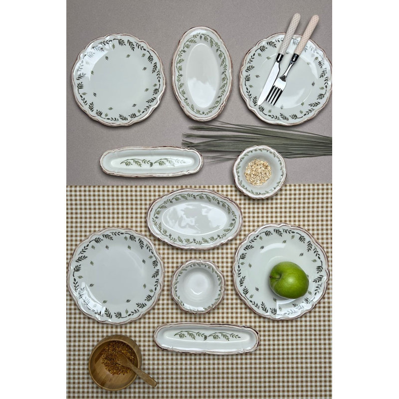 Ensemble de petit-déjeuner élégant 14 pièces, 100% porcelaine | Comprend 6 assiettes de service (8,3 po), 4 jokers (4,3 po), 2 assiettes à huile (8,7 po), 2 plateaux (8,3 po) | Va au lave-vaisselle et au micro-ondes | Parfait pour les repas et les réceptions élégants
