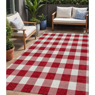 Tapis intérieur lavable à carreaux rouge et ivoire 5 pi x 8 pi