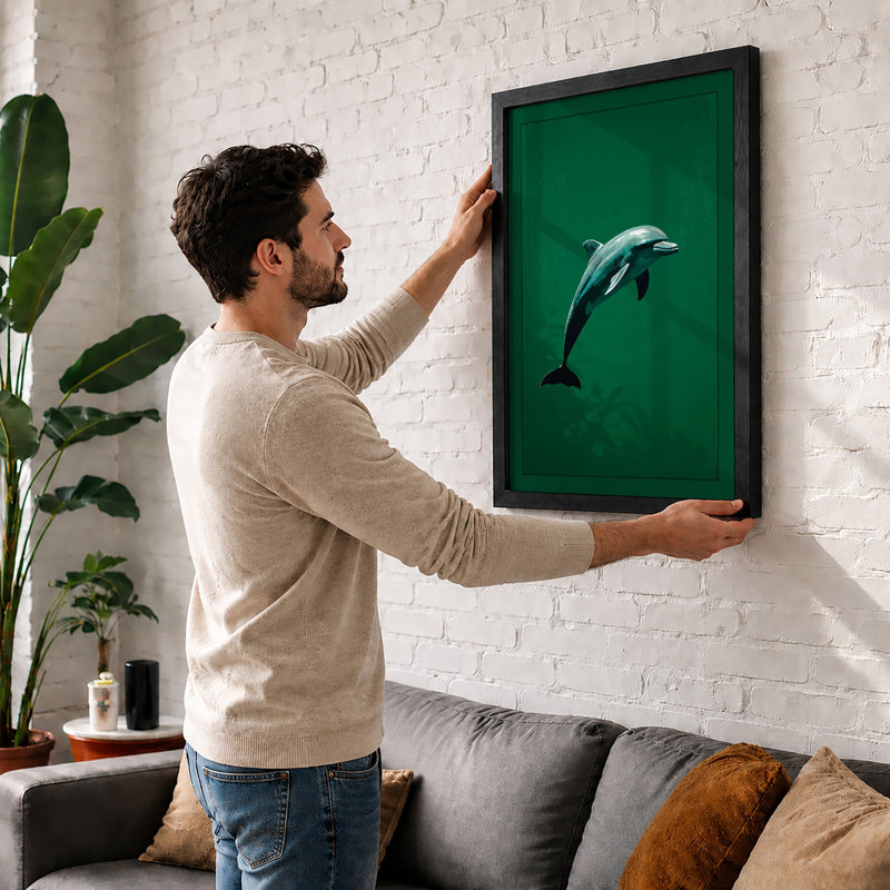 Leaping Dolphin Coastal - Framed Print, A1 - 84.1 x 59.4 cm, Black