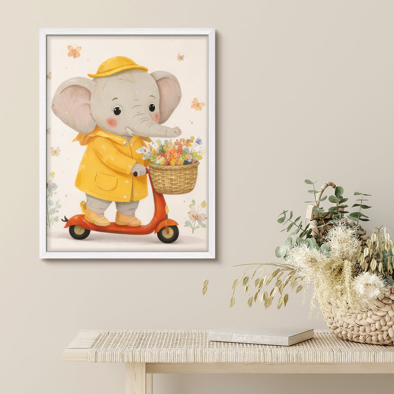 «Cute Elephant Scooter», reproduction d'art encadrée, chambre d'enfant, chambre d'enfant, H 14 po x l 11 po, White