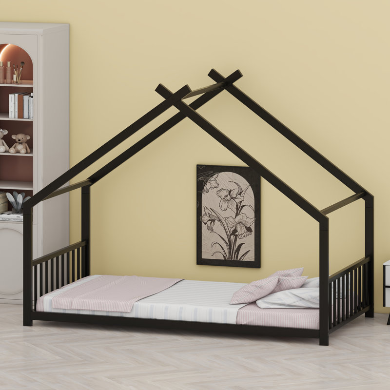 Metal House Bed Frame with Open Concept Design, Black