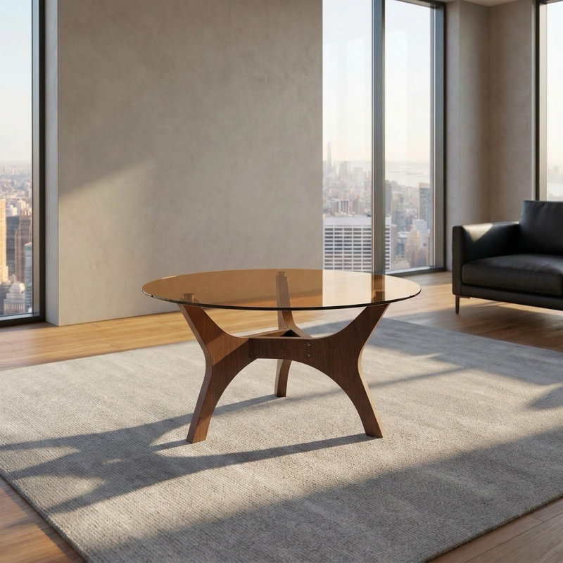 Table basse ronde de style Mid-Century en verre ambré, fini noyer, 31,5 po