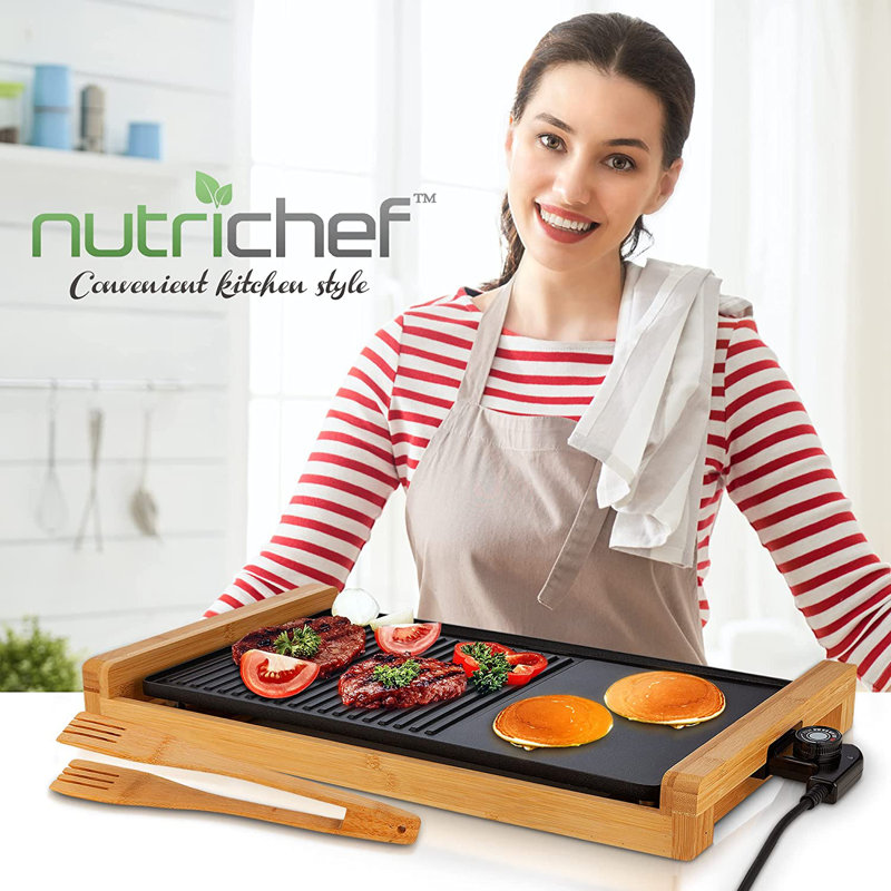 NutriChef Smokeless Electric Bamboo Grill with Non-Stick Plate