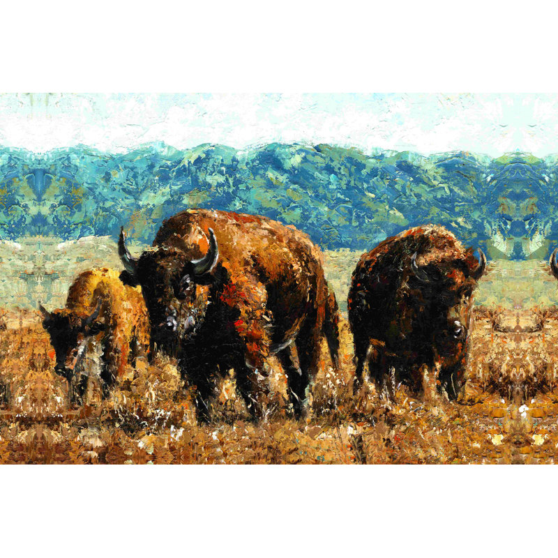 Buffalo Family - peinture sur toile tendue, H 8 po x l 12 po