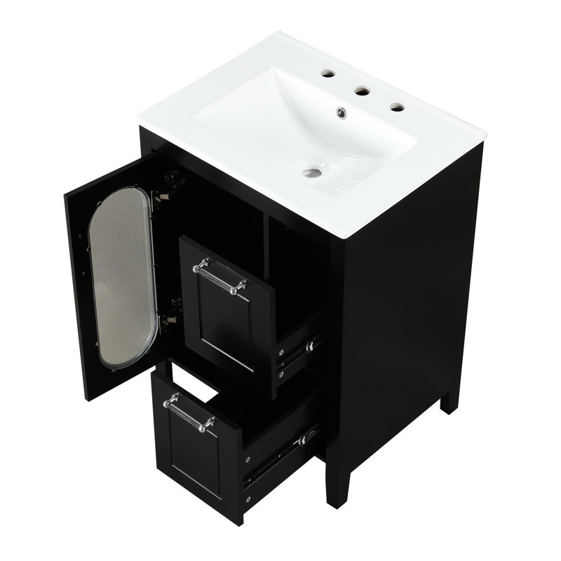 Meuble-lavabo de 24 pouces, en bois massif et noir, deux tiroirs, porte, tablette réglable, lavabo en céramique, verre, autoportant, style moderne, grand meuble-lavabo de 24 po avec une armoire en verre lisse