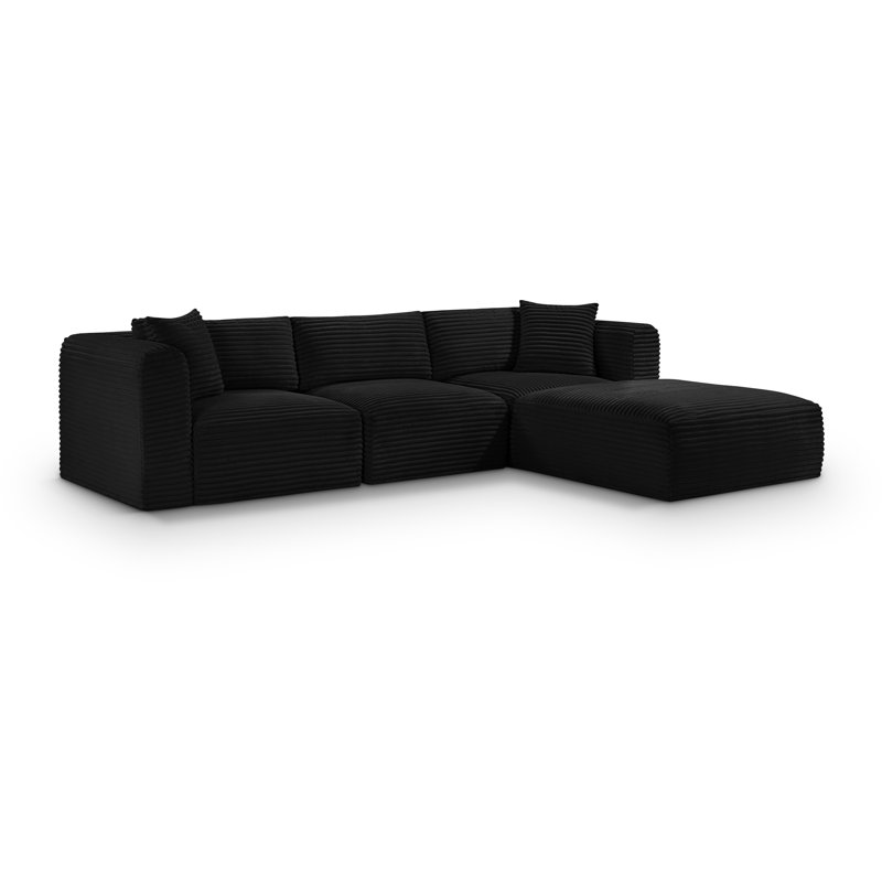 Canapé modulaire en L Carmean Performance, Tissu velours côtelé texturé noir, 1 sans accoudoirs, 2 en coin, 1 repose-pieds