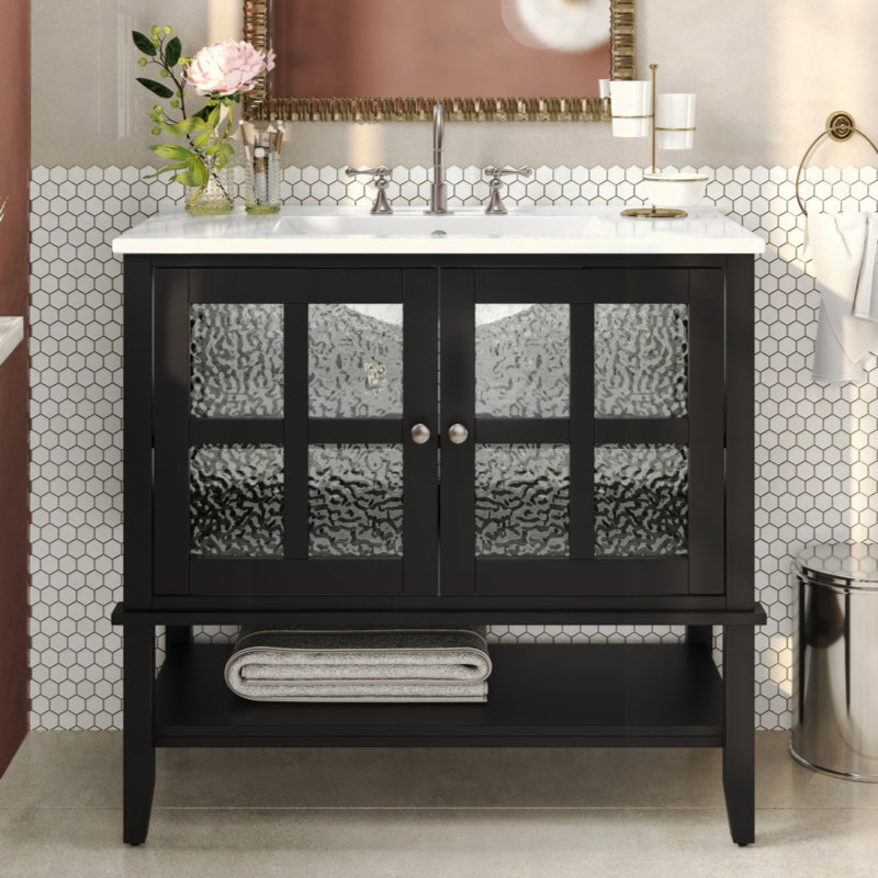 Meuble-lavabo 36 po avec lavabo en céramique, Noir