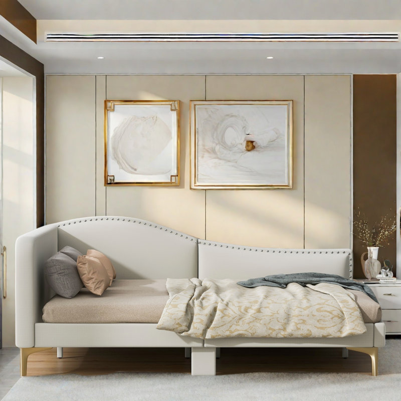 Upholstered Daybed With Headboard And Armrest, Beige, Full/Double