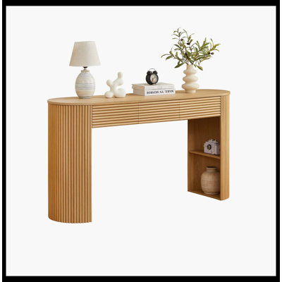 Retro Storage Console Table – 3 Drawers And 1 Table-Leg Niche, Round Slat Design,  For Entryways, Living Rooms, And Hallways, Natural Finish