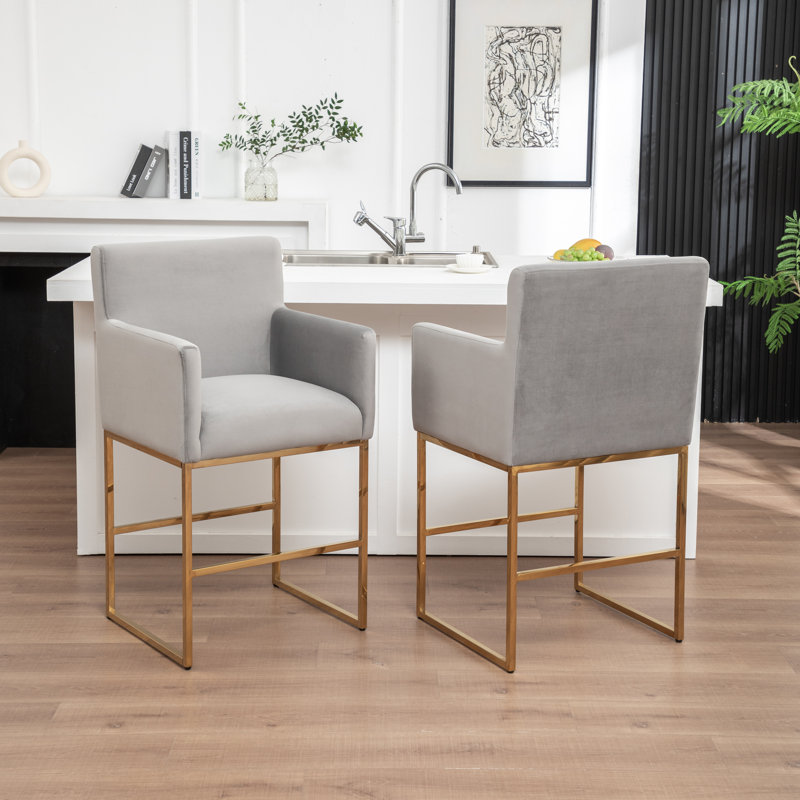Upholstered Counter Stool With Metal Frame, Gray