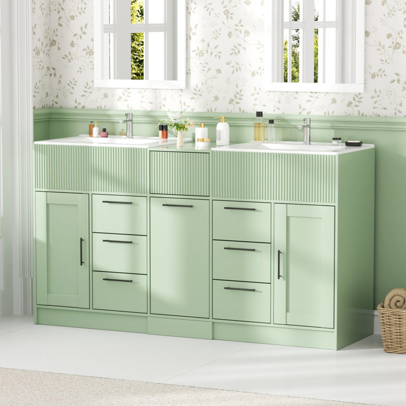 60" Modern Green Freestanding Double Sink Bathroom Vanity Set with Integrated Sinks and Storage, Green