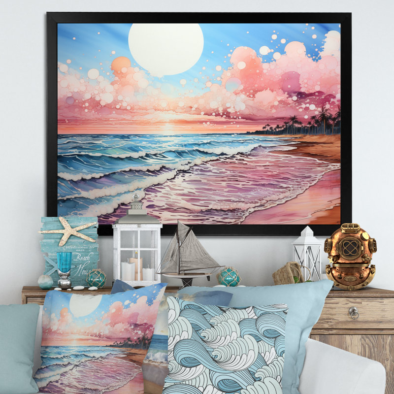 Paysage de plage pêche - impression, H 34 po x l 44 po x P 1,5 po, Cadre photo noir