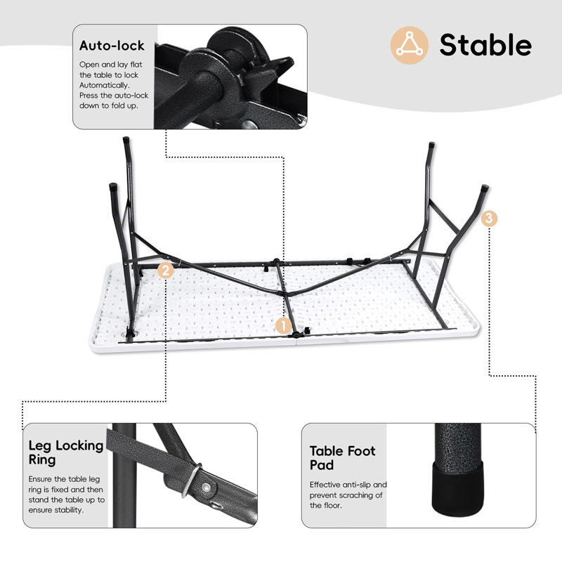 8FT Black Portable Collapsible Plastic Banquet Table - Indoor & Outdoor Use, 28.8" H x 27.5" L x 70.8" D, Noir mat