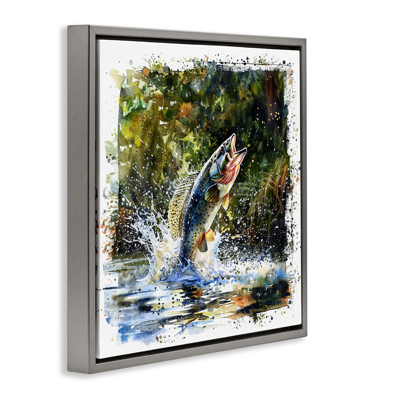  "Splashing Lake Bass", art mural encadré par LSR Design Studio, H 18 po x l 18 po, Cadre flottant gris lustré