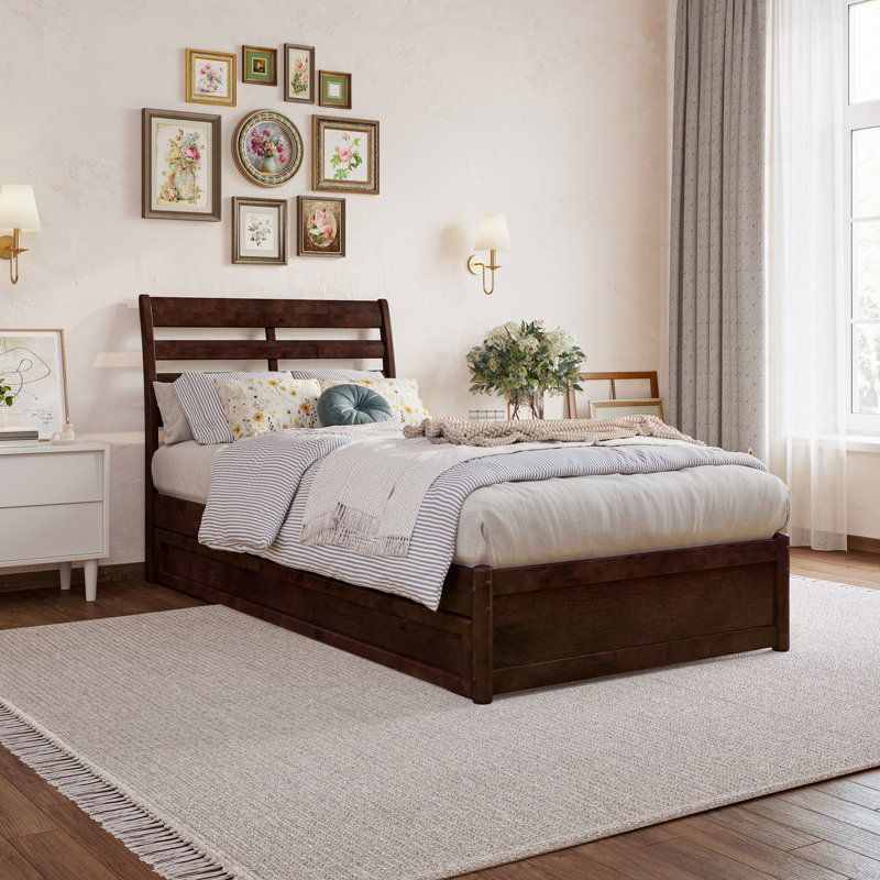 Lamareon Solid Wood Platform Bed with Footboard & Roll Out Trundle Bed, Twin XL, Walnut