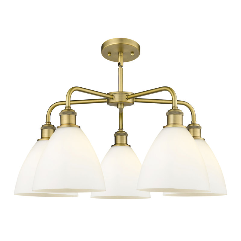 Lustre en forme de dôme à 5 lumières Amenda, Blanc mat, Laiton brossé