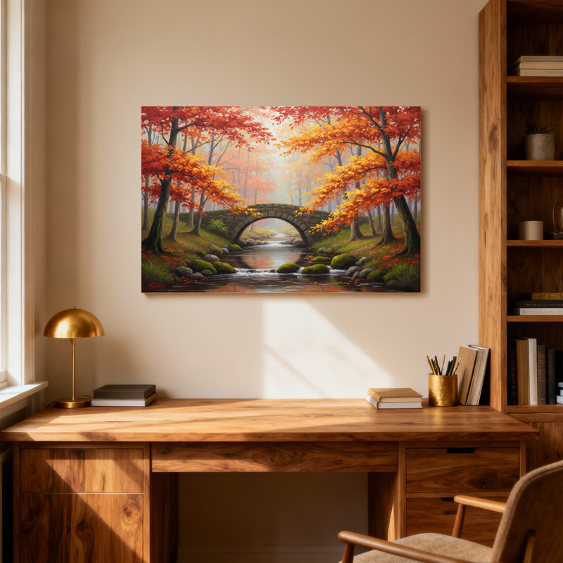Paysage et nature arbres d'automne pont ruisseau feuilles couleurs scène naturelle, H 12 po x l 18 po