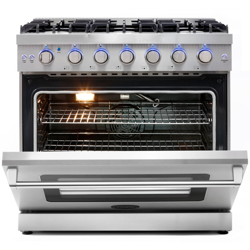 Cosmo 36 po 6,0 pieds cubes Pi. Cuisinière à gaz, 6 brûleurs, four à convection, boutons à DEL, acier inoxydable, poignée noir mat