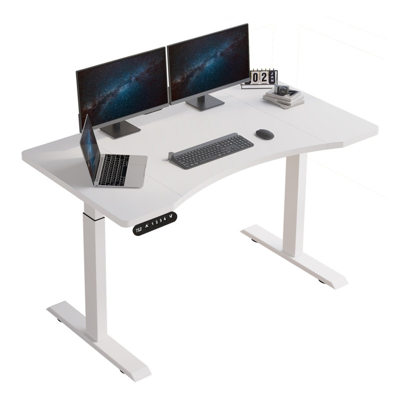 Bureau pour travailler debout courbé à hauteur réglable à deux moteurs Latysha, Blanc, H 45 po x l 55 po x P 30 po
