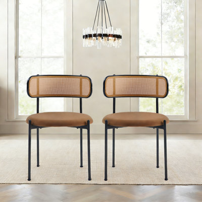 Chaises de salle à manger en rotin, chaises de salle à manger en métal de style campagnard avec coussin rembourré, chaises de canne de style moderne Mid-Century avec dossier incurvé pour cuisine, brun