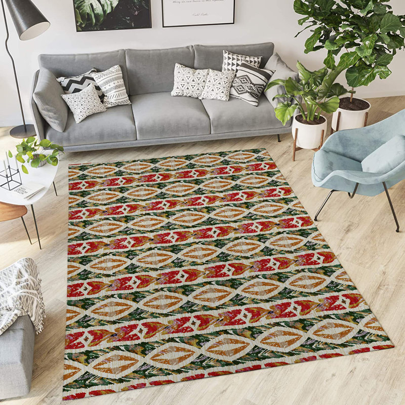Tapis d'intérieur / extérieur en polyester tissé à la machine à motif géométrique rectangulaire vert / rouge / orange