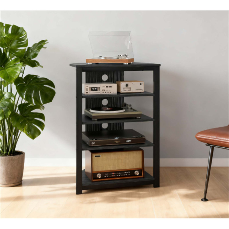 Meuble télé d'angle avec tablettes de rangement et structure en acier pour la chambre à coucher, conception peu encombrante et gestion des câbles
