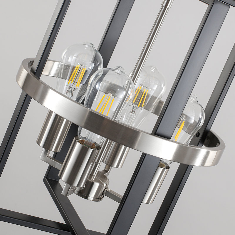 4 - Light Dimmable Geometric Lantern Modern Farmhouse Chandelier, Matte Black/Nickel