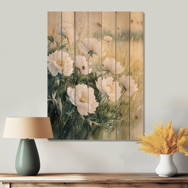 Peonies And The Open Field I - Peonies Wood Wall Decor - On Natural Pine Wood, 40" H x 30" W x 0.78" D