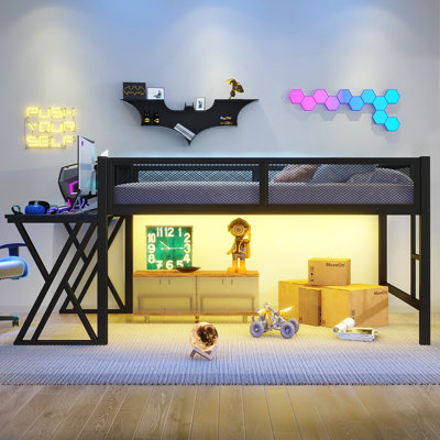 Lit mezzanine de jeu avec bureau, DEL et escalier, cadre de lit mezzanine en métal avec rangement sous le chariot, lit mezzanine pour chambre à coucher et salle de jeu, noir