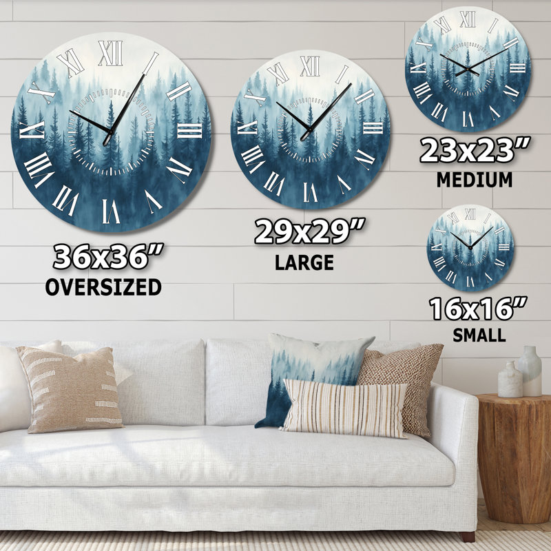 Horloge murale en métal représentant une forêt brumeuse bleue - Paysage, imprimée sur métal, Surdimensionné