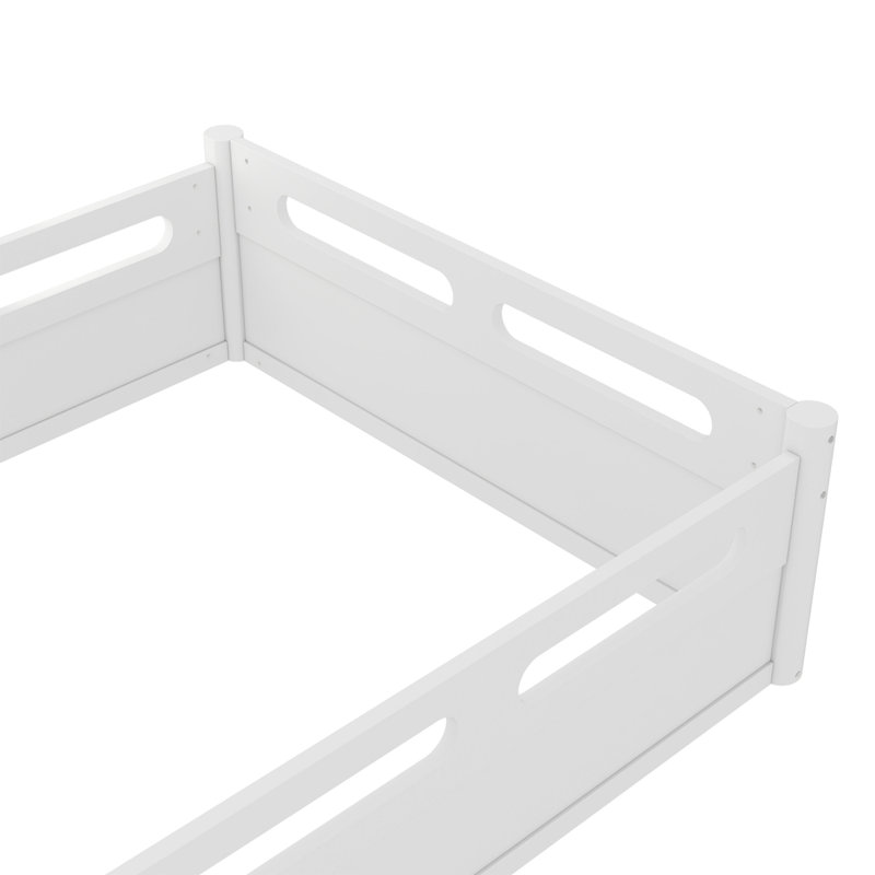 Lit plateforme au sol avec garde-corps pleine longueur, base de lit à profil bas, aucun sommier tapissier requis, Full, White