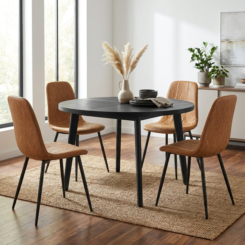 Ound Kitchen Table With Upholstered Chenille Fabric Leather Dining Chairs