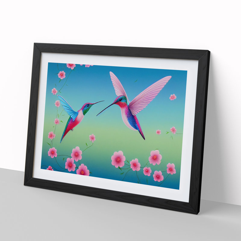 Illuminated Floral Hummingbirds - Single Picture Frame Print, Black, 46cm H x 64cm W