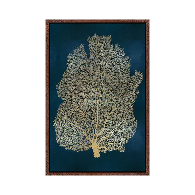Sea Fan Gold On Teal I by Melonie Miller - Print on Canvas, 66.04 cm H x 45.72 cm W, Classic Brown Wood Framed