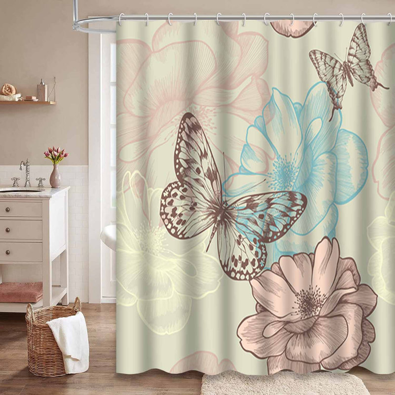 Rideau de douche imperméable à motif floral avec 12 crochets, L 72 po x l 84 po