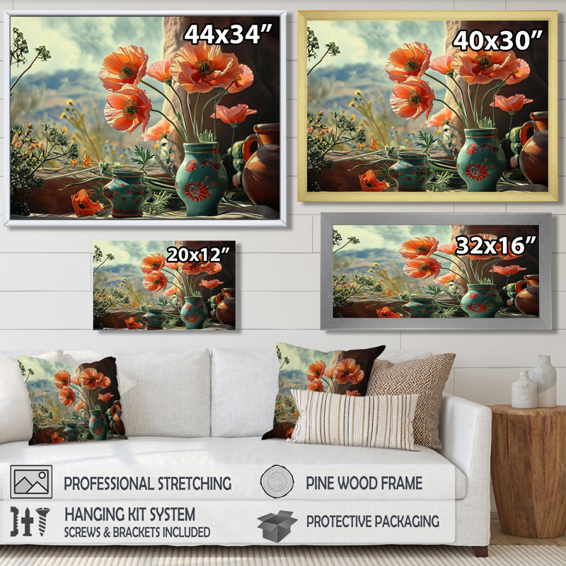 Coquelicots rouges dans un vase turquoise mexicain - Bouquets assortis, Toile avec cadre flottant brun