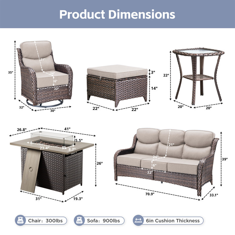 Ensemble de conversation pour foyer d'extérieur en osier de 5 à 7 personnes avec repose-pieds, Beige, Brun