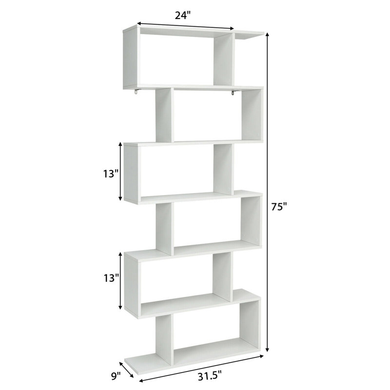 75''H X 31.5''W 2 PCS 6 Tier S-Shaped Bookshelf Storage Display Bookcase Decor Z-Shelf, White