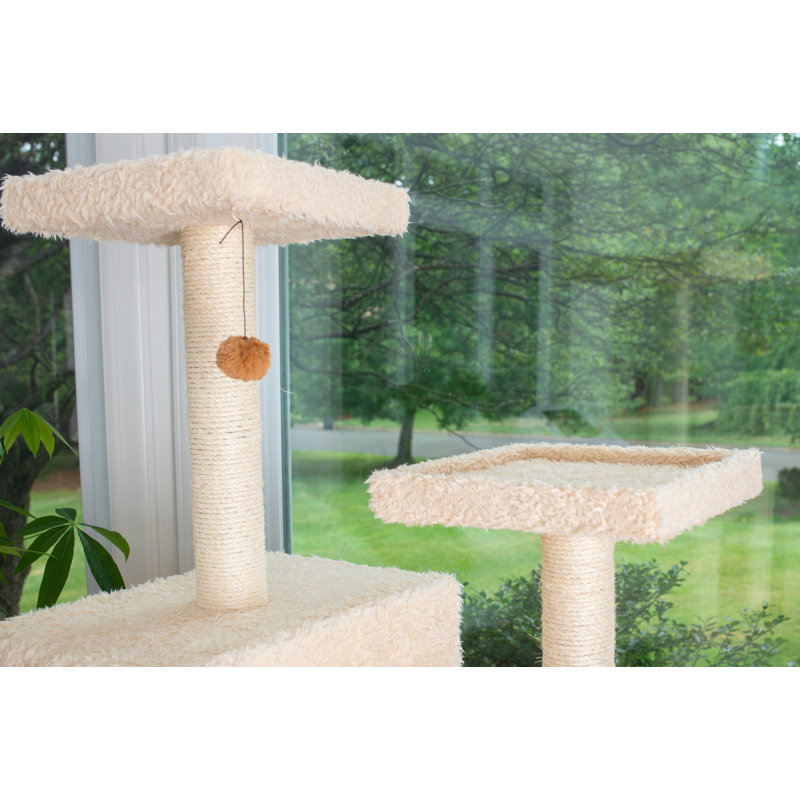 Beige Multi-Level Sisal and Faux Fur Cat Tree with Condos