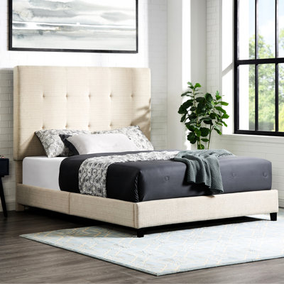 Modern Beige Bed With Solid Frame And Fabric Queen Size Bedroom Upholstery