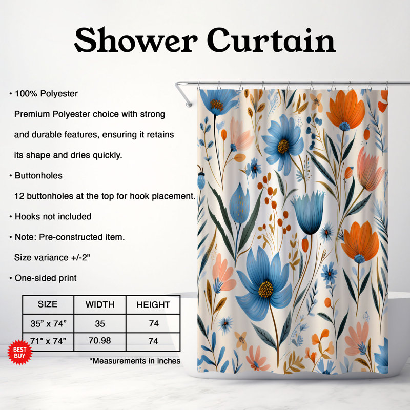 Rideau de douche 1 pièce Classic Boho Blossoms, H 74 po x l 71 po
