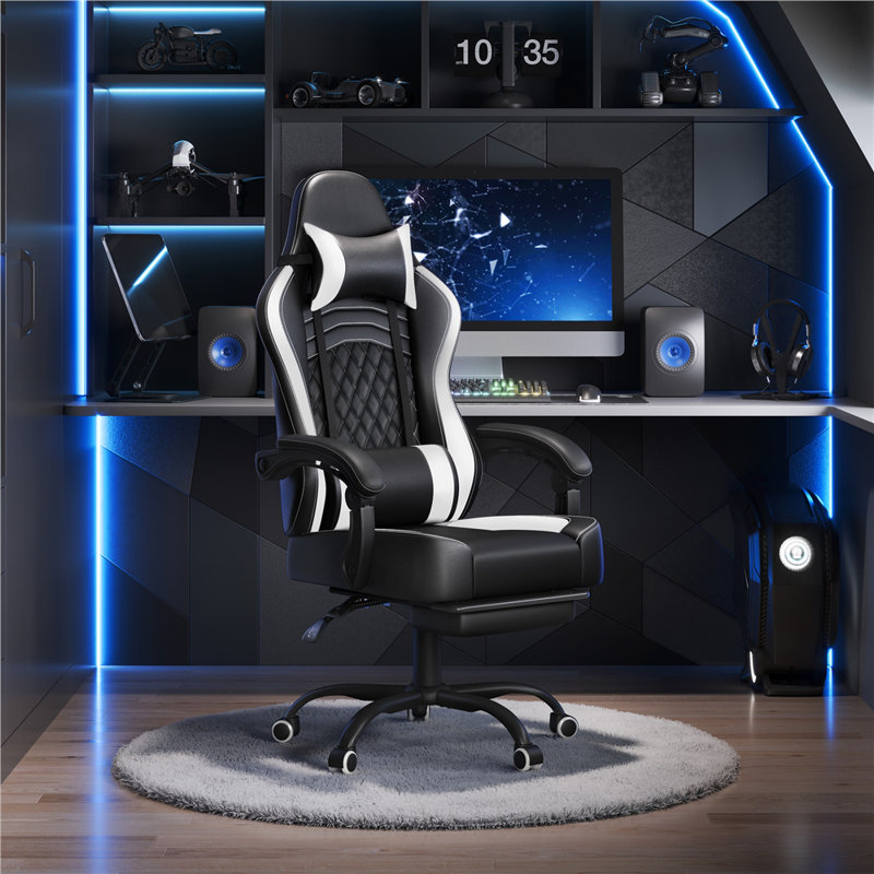 Metro Lane Adjustable Reclining Ergonomic Faux Leather Swiveling PC & Racing Game Chair with Footrest, Black/White