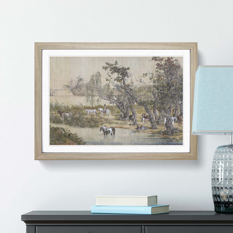 Horses by the Stream by Lang Shining - Framed Print, 36cm H x 48cm W x 2cm D, Oak Framed