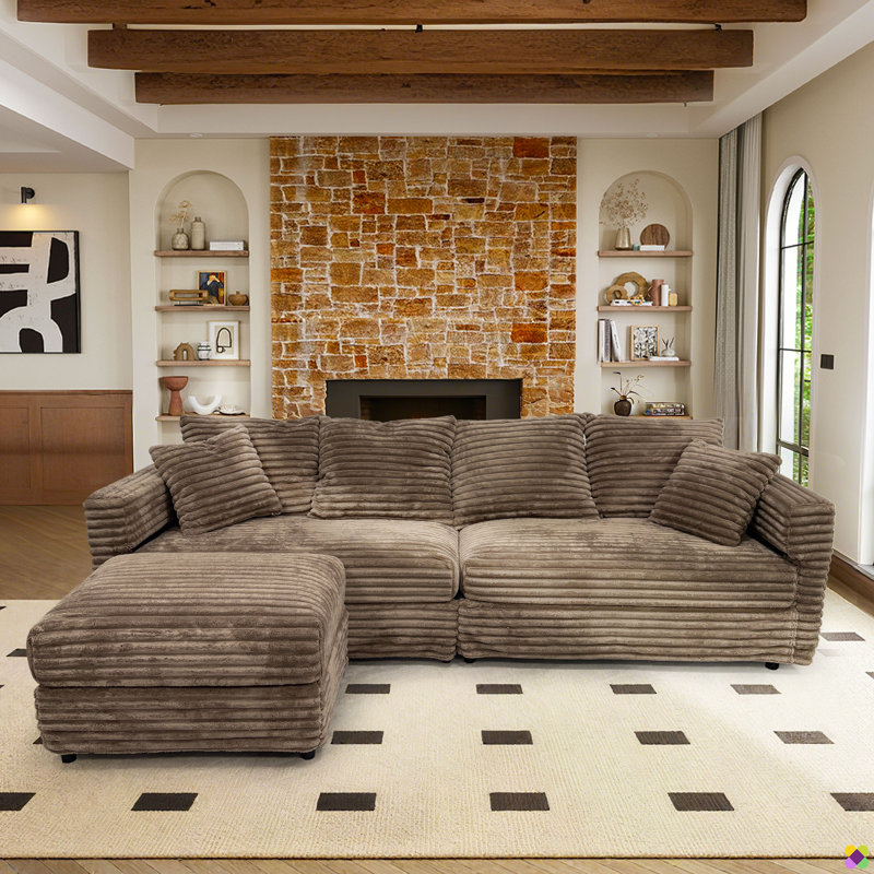 Gus 102.4"W 5 Seaters Convertible LAF RAF Corduroy Sectional, include1 Ottoman, Brown Plush Corduroy Fabric