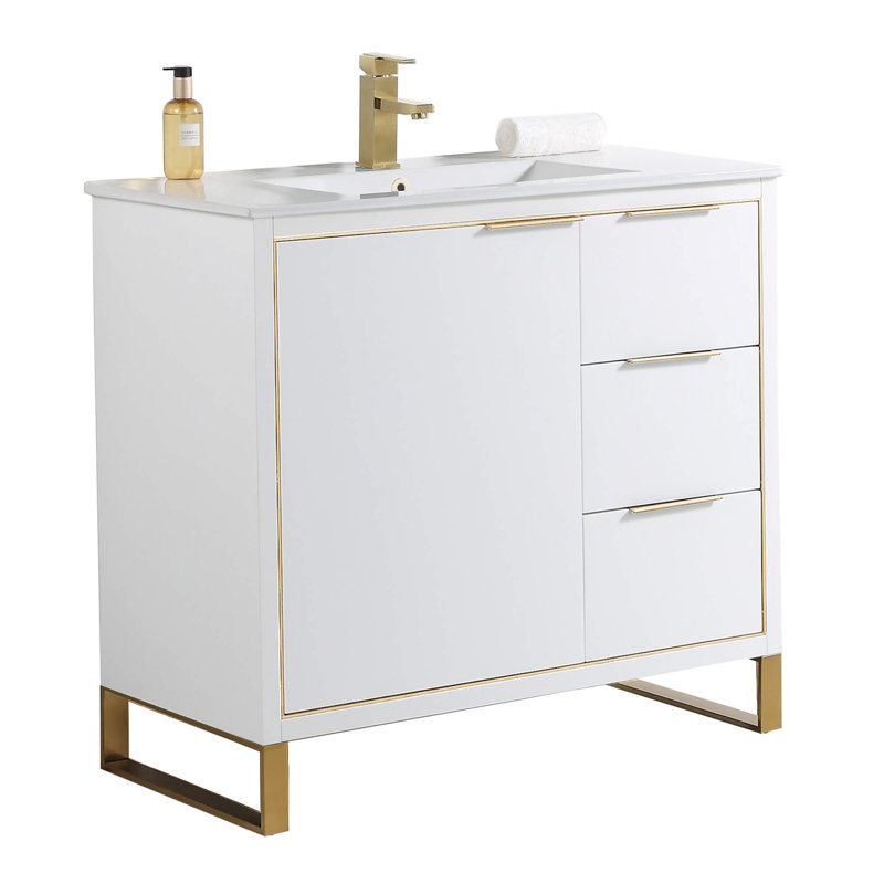 Ensemble de meuble-lavabo simple 36 po, Laiton satiné, Blanc