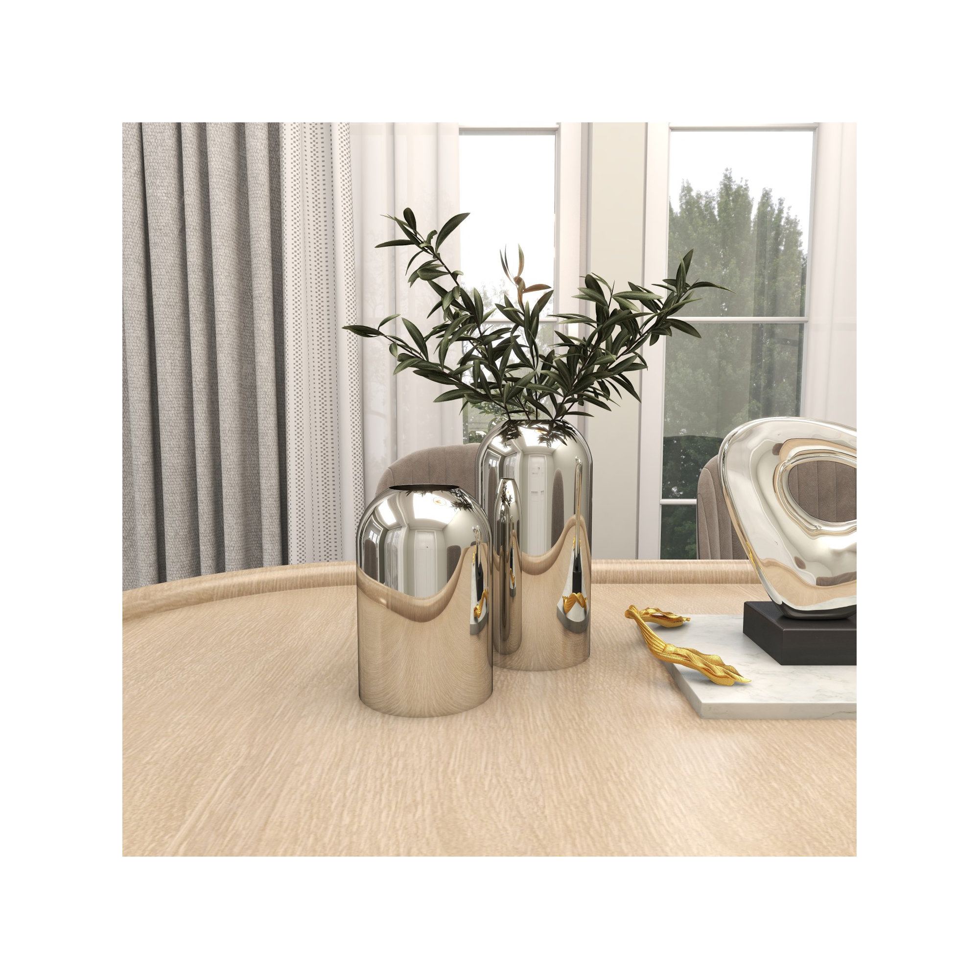 Stainless Steel Metal Decorative Silver Vase with a Sleek Mirror Finish Set